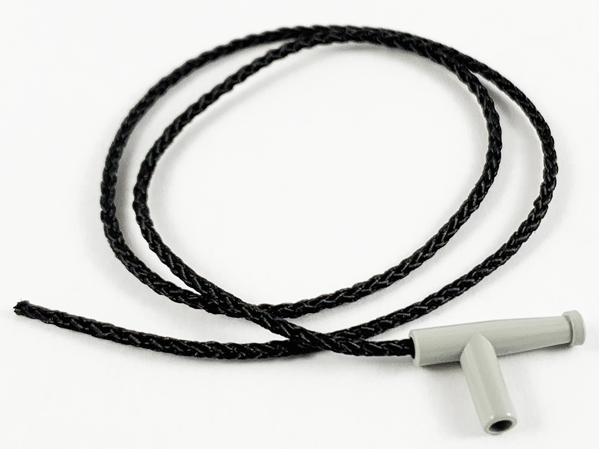 LEGO Minifigure Utensil Hose Nozzle Simple (light gray) attached to a 35L black braided string, coiled.