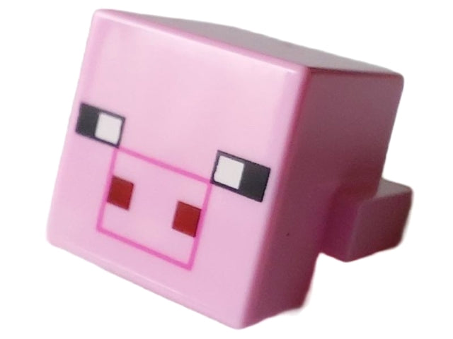 Pink LEGO Minecraft pig head (19727pb011) with pixelated black eyes, dark pink snout outline, and dark red square nostrils.