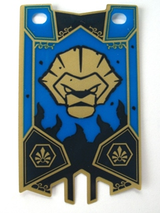 Blue and gold plastic LEGO flag with a detailed Chima Lion Tribe pattern, featuring a lion's head and ornate borders.