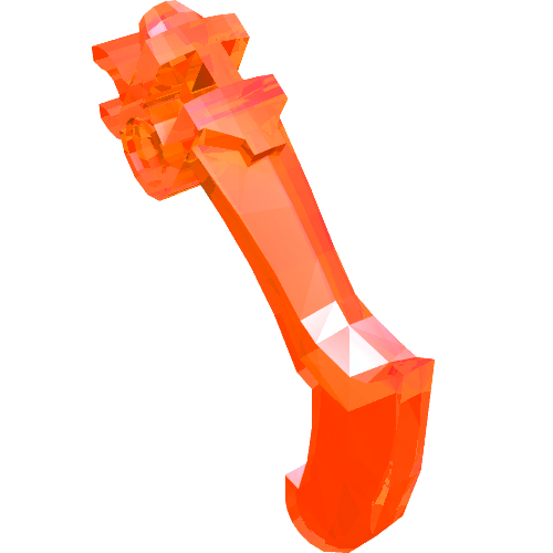 Translucent orange LEGO Bionicle weapon claw piece, bent and notched with a clip connection.
