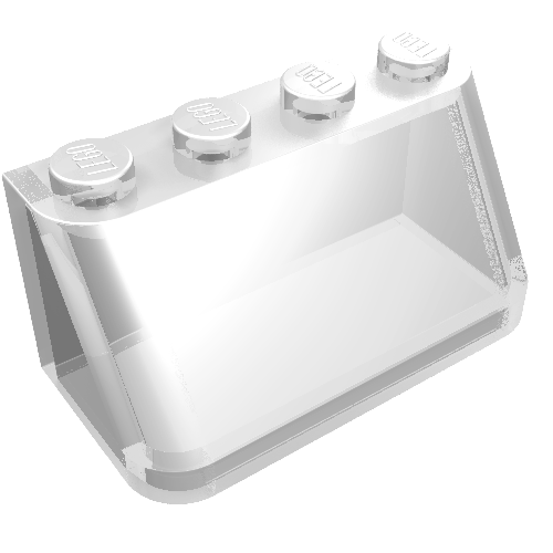Clear LEGO Windscreen 2x4x1 2/3 part with three studs on top, angled front and flat base.