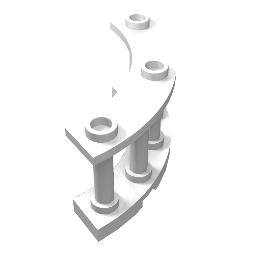 White LEGO 4x4x2 quarter round fence piece spindled with 3 studs.