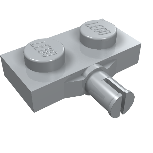 Grey LEGO 1x2 modified plate with two studs and a Technic pin with slotted end.