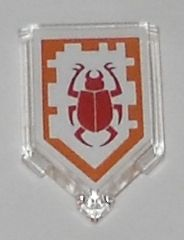 Clear LEGO 2x3 pentagonal shield tile with an orange border, white background, and a red beetle bomb Nexo Power symbol.