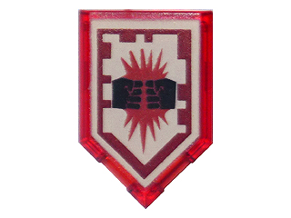 Red transparent LEGO 2x3 pentagonal tile 22385pb019. White shield graphic shows black fists and red burst, Nexo Power 'Charging Attack'.