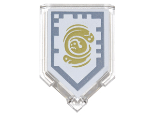 Clear LEGO 2x3 pentagonal tile with Nexo Power Shield pattern featuring a gold Spirit Vortex design on silver and white.