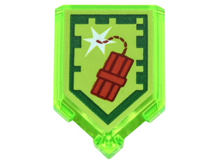 LEGO 22385pb028, a trans-neon green 2x3 pentagonal tile featuring the Dynamighty Nexo Power Shield pattern of red dynamite.