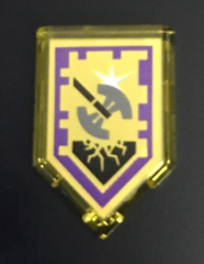 LEGO 22385pb099 clear yellow pentagonal tile with a purple-bordered Nexo Power Shining Axe shield pattern.