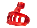 Translucent red LEGO minifigure visor with pointed top and face grille on a white background.