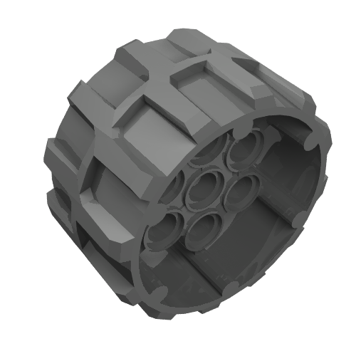 LEGO 22410 hard plastic wheel, dark grey, with a treaded outer surface and seven pin holes inside.