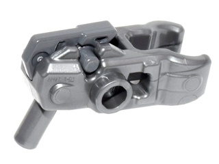 Grey LEGO minifigure weapon gun, a mini blaster/shooter with a dark bluish gray trigger and attachment points.