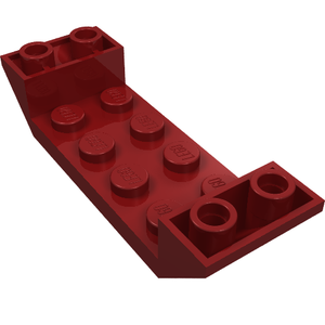 Dark red LEGO brick, Inverted Slope 45 6x2 Double with 2x4 Cutout, showing studs with 'LEGO' logo.