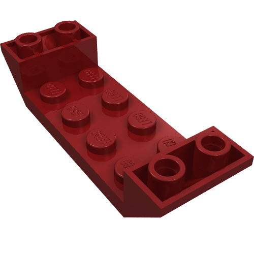 Dark red LEGO brick, Inverted Slope 45 6x2 Double with 2x4 Cutout, showing studs with 'LEGO' logo.