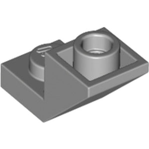 A gray LEGO Inverted Slope 45 2 x 1 with 2/3 Cutout brick, showing one full stud and one stud with a central bar.
