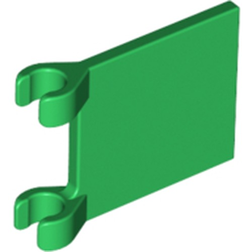 Green LEGO 2335 Flag 2 x 2 Square with two clips on the left side, shown from an angled perspective.