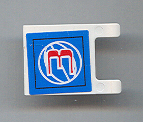 White LEGO Flag 2x2 part with sticker: blue background, black border, white wireframe basketball, and red number 3.