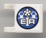 White LEGO Flag 2 x 2 with round sticker showing a snowflake, 'EIR' text, and blue/white checkered pattern.