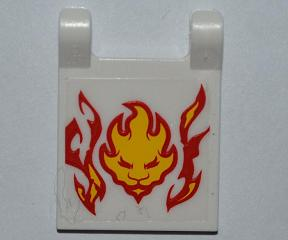 White LEGO 2x2 flag tile with a sticker featuring a yellow flaming lion head flanked by red tribal flames.