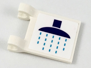 White LEGO 2x2 flag piece with a sticker showing a dark purple shower head and dark azure water drops.