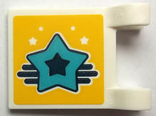 White LEGO 2x2 flag piece with a yellow sticker pattern: a medium azure star with black center and small white stars.