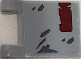 Gray LEGO 2x2 flag piece with a sticker showing dark red and dark gray distressed markings.