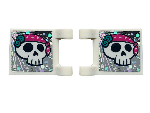 Two white LEGO 2x2 square flags, each with a sticker showing a skull wearing a pink bandana on a holographic background.