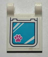 White LEGO 2x2 flag with sticker featuring a blue pet door with a dark pink paw print and white reflections.