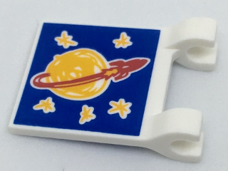 White LEGO 2x2 flag part 2335pb250 with a blue Classic Space logo featuring a yellow planet, red rocket, and orange stars.