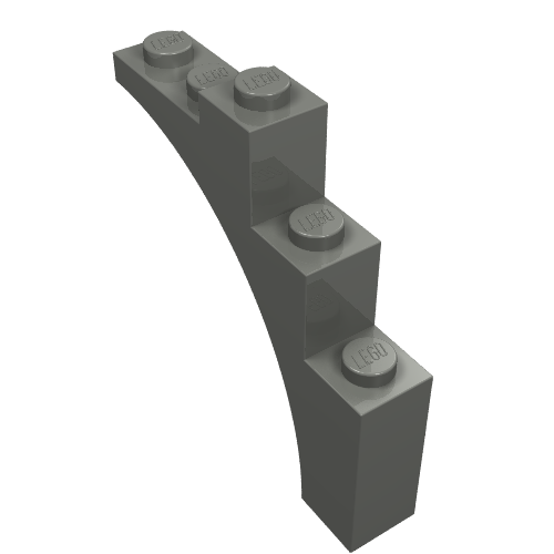 Gray LEGO Arch 1 x 5 x 4 - Continuous Bow brick, with four visible studs, angled on a white background.