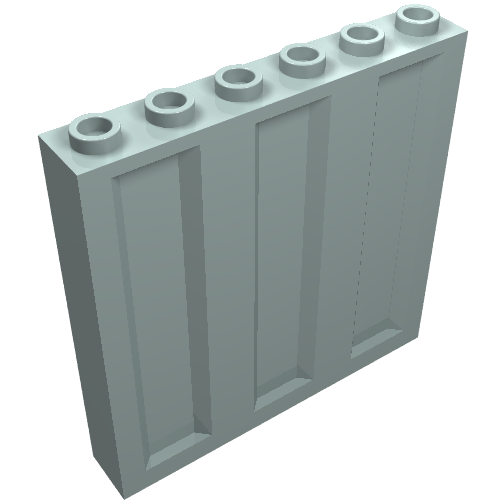 Light grey LEGO Panel 1x6x5 part 23405, featuring six studs on top and three vertical recessed profiles.