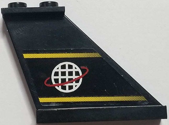 Black LEGO 2340pb017R tail with yellow stripes and white grid globe with red orbit (Alpha Team logo) sticker.