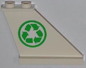 Tan LEGO Tail 4 x 1 x 3 brick with a green recycling arrows sticker pattern on the right side.