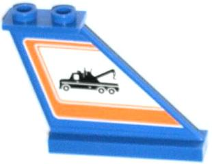 Blue LEGO 2340pb049R Tail 4x1x3 piece with a sticker of a black tow truck inside an orange border, right side view.