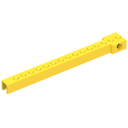 Yellow LEGO Technic crane arm part 2350b, wide with end notch, featuring studs on top and a pin hole at one end.