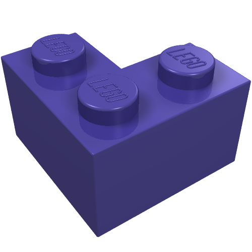 A single purple LEGO 2x2 corner brick with 'LEGO' embossed on its three studs, viewed from an angle against a white background.
