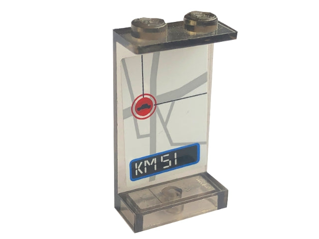 Clear LEGO Panel 1x2x3 with solid studs, featuring a map pattern showing a location and 'KM51' display.