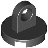 Dark gray LEGO 2x2 round tile with a central lifting ring. Features notches on the bottom rim.
