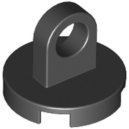 Dark gray LEGO 2x2 round tile with a central lifting ring. Features notches on the bottom rim.