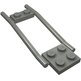 A gray LEGO part, model 2397, features two long bars connecting a 1x2 plate and a 2x2 plate, designed as horse hitching traces.