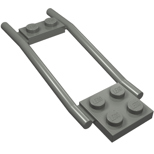 A gray LEGO part, model 2397, features two long bars connecting a 1x2 plate and a 2x2 plate, designed as horse hitching traces.