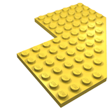 Yellow LEGO Wedge Plate 10x10 with 4x4 Cutout and Cut Corner, viewed from an angle on a white background.