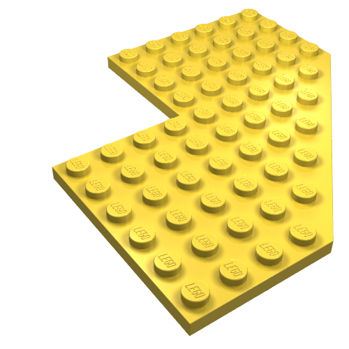 Yellow LEGO Wedge Plate 10x10 with 4x4 Cutout and Cut Corner, viewed from an angle on a white background.