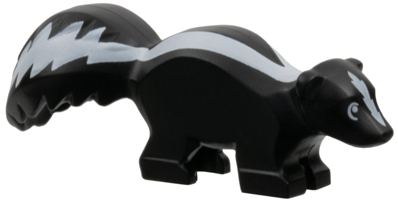 Black LEGO skunk animal figure with white stripes on its back and tail, and white markings on its face.