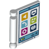 White LEGO minifigure book cover with a tablet computer screen pattern, displaying colorful app icons.