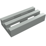 A light gray LEGO Tile, Modified 1 x 2 Grille without Bottom Groove, featuring three parallel raised bars.