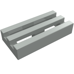 A light gray LEGO Tile, Modified 1 x 2 Grille without Bottom Groove, featuring three parallel raised bars.