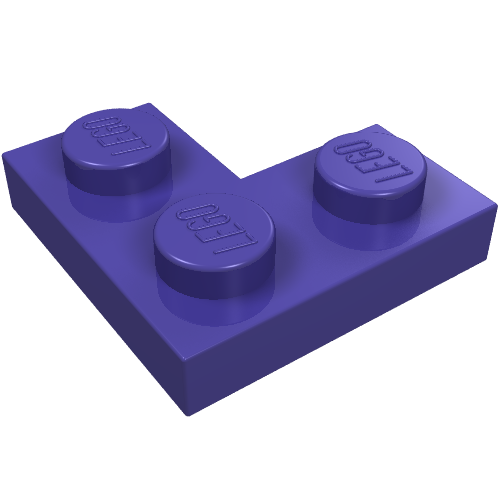 Purple LEGO 2x2 corner plate with three studs, each embossed with 'LEGO' text.