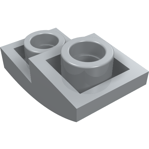Light gray LEGO 24201 Slope, Curved 2 x 1 x 2/3 Inverted with two studs on top and a curved edge.