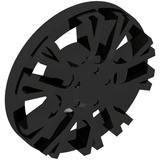 Black LEGO 24308b Wheel Cover with 10 Y-shaped spokes, shown at an angle on a white background.