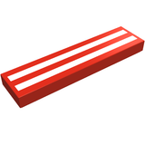 A red LEGO 1x4 tile with two horizontal white stripes, part number 2431p51.